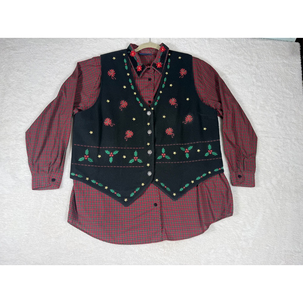 Vintage Karen Scott II‎ Christmas Shirt Vest Set Womens 2X Red Plaid Embroidered